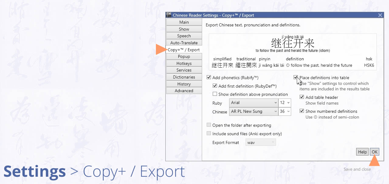 Settings > Copy+ / Export